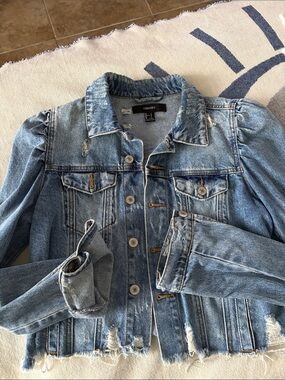 Forever 21 Light Blue Distressed Denim Jacket with Puff Shoulders